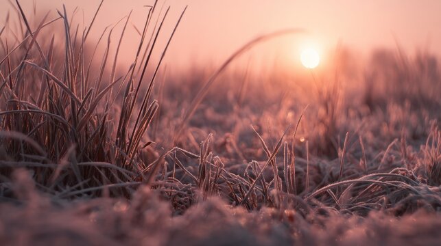Frosty grass at sunrise capturing the serene beauty of a winter morning with soft pastel colors illuminating the frozen landscape in early daylight