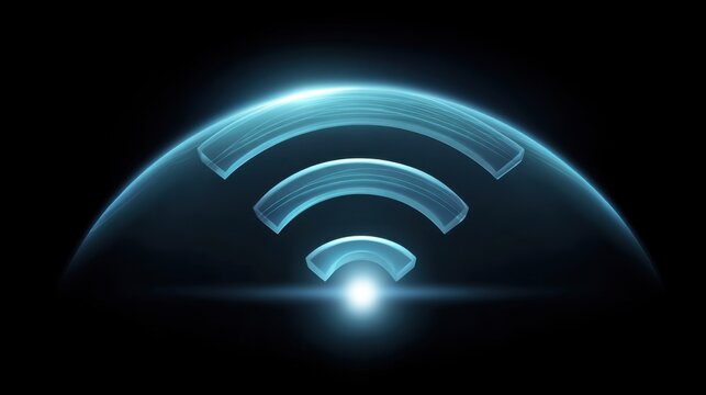Futuristic Blue Wireless Signal Icon Glowing in Dark Space with a Smooth Background and Abstract Circle Representation of Connectivity