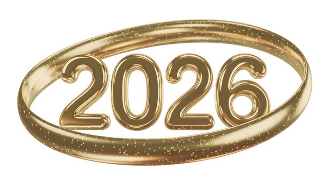 Golden oval ring with the year 2026 prominently displayed inside symbolizing future events and celebrations