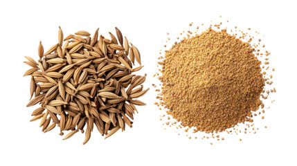 Organic Caraway Seeds and Caraway Seed Powder Overhead Side by Side on Transparent Background