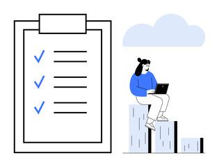 Woman working on laptop seated on graph bars near checklist with checkmarks under a cloud. Ideal for productivity, efficiency, goals, strategy, organization, data analysis, task management. A simple