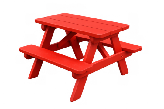 Red wooden picnic table with attached benches, isolated on a transparent background, ready for outdoor gathering