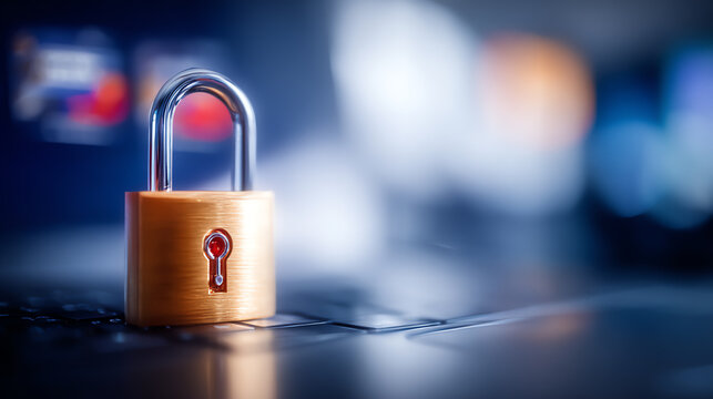 A close-up of a gold padlock resting on a laptop, symbolizing cybersecurity and data protection in the digital age.