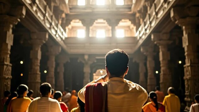 A Reverent Gathering of Devotees in a Historical Temple: Men and Women Engaged in Prayer and Ritual, Surrounded by Graceful Architecture and Spiritual Atmosphere