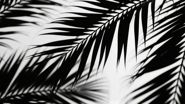 Black and white photograph of palm leaves creating shadows on a bright white background surface