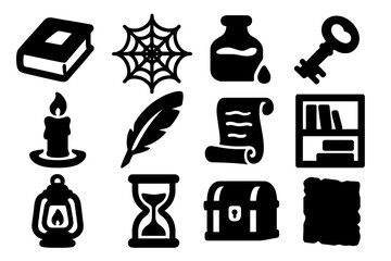 Fototapeta premium Forgotten Library Icons. Solid style icons of Forgotten Library: Dusty Tome, Cobweb, Fading Ink, Ancient Key, Candle, Quill,