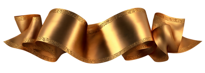 Curled golden ribbon banner with gold border - arc up and down with wavy ends