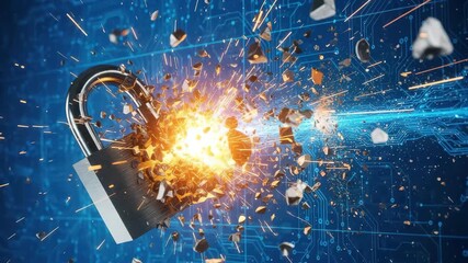 Exploding padlock on a digital circuit board background, symbolizing data breach and cybersecurity failure - Powered by Adobe