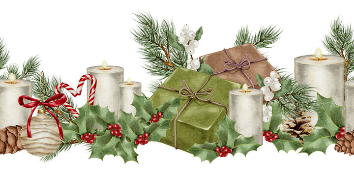 Seamless watercolor Christmas border candles gift boxes pine branches holly leaves with red berries candy canes snowberries pinecones. for wrapping paper packaging labels and festive textile prints.
