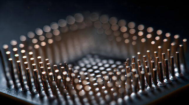 Technology's Architectural Detail: An intriguing view of a central processing unit (CPU) showcasing the intricate network of pins, with focus on structure and micro detail.
