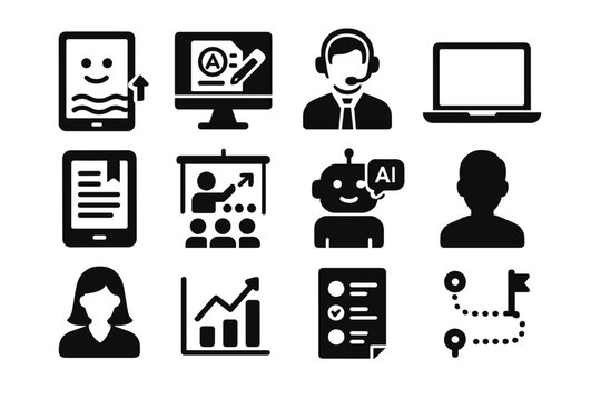 EdTech AI Icons. Solid style icons of EdTech AI Tools: adaptive lesson, automated grading system, virtual instructor, laptop,