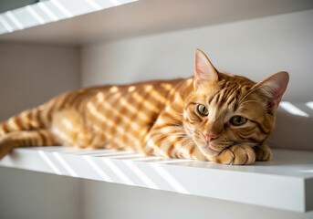 An orange tabby cat with stripes lies comfortably on a white shelf, bathed in dappled sunlight creating a striped pattern