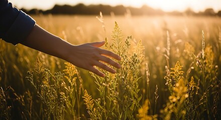 A gentle hand reaches out to softly touch sun-kissed wild grasses in a golden field, evoking a sense of calm and connection with nature during a beautiful sunset