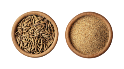 Caraway Seeds Whole and Caraway Seed Powder in a Bowl Overhead on Transparent Background