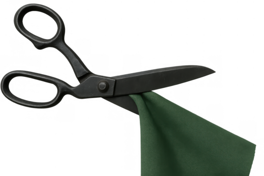Black tailor shears in action, cutting a piece of folded green fabric. Isolated image with a transparent background