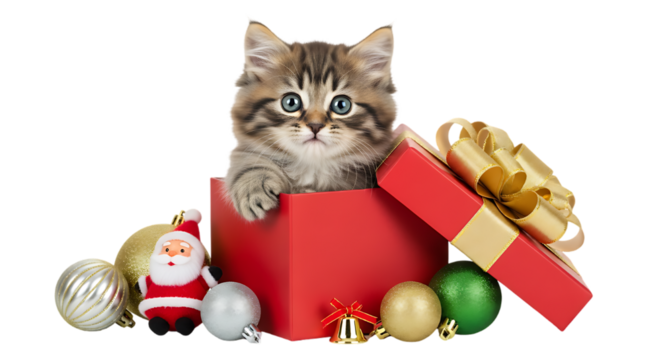 A cute kitten sitting inside a red christmas gift box surrounded by christmas ornaments on black background on transparent background