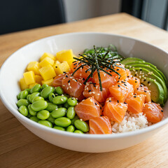 Vibrant salmon poke bowl bursting with fresh mango, avocado, and edamame offers a healthy, delicious meal.