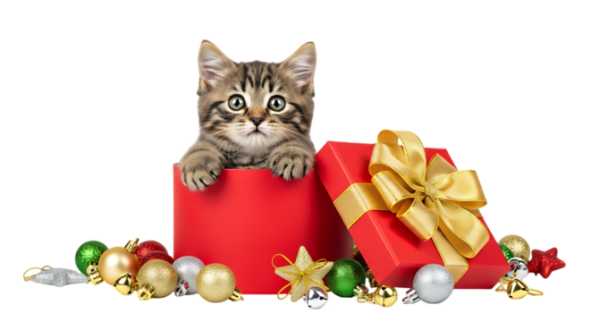 A tabby kitten peeking out of a red gift box surrounded by christmas ornaments on a black background on transparent background