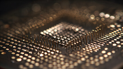 Microchip's intricate world: A close-up showcases the complex details of a microchip, highlighting the technological marvel of modern circuits and data processing. 