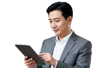 Professional Asian Businessman Using Tablet on Transparent Background
