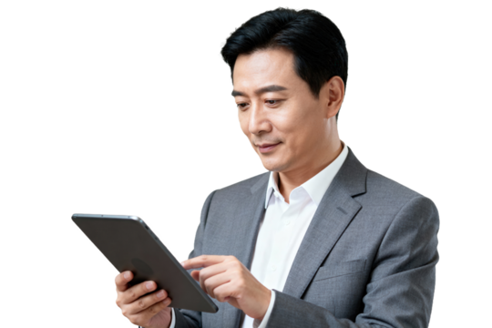 Professional Asian Businessman Using Tablet on Transparent Background
