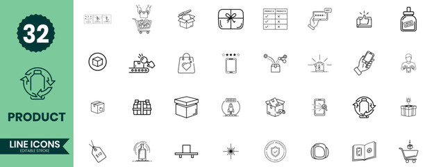 Product Line Icons Set 32 Packaging, Manufacturing, Delivery, Labeling & Ecommerce Outline Symbols