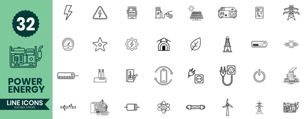 Power & Energy Line Icons Set 32 Electricity, Renewable, Charging, Safety & Utility Outline Symbols