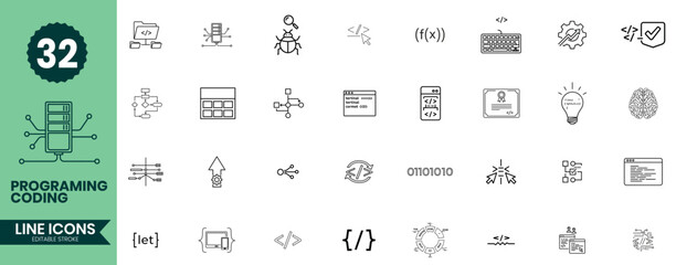 Programming & Coding Line Icons Set 32 Developer, Software, Code, Script & Technology Outline Symbols