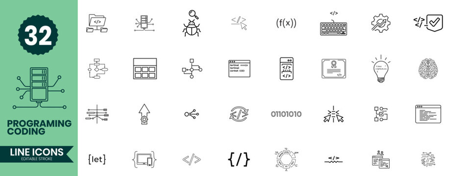 Programming & Coding Line Icons Set 32 Developer, Software, Code, Script & Technology Outline Symbols