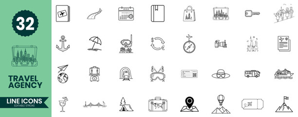 Travel Agency Line Icons Set 32 Tourism, Vacation, Adventure, Flight, Hotel & Trip Planning Outline Symbols