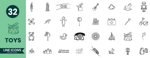 Toys Line Icons Set 32 Children’s Toys, Playtime, Kids Activities & Fun Outline Symbols