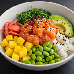 Vibrant salmon poke bowl bursting with fresh mango, avocado, edamame, and seaweed for a healthy meal