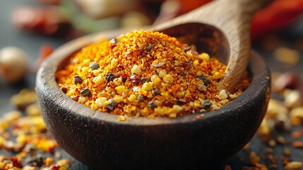 Wooden spoon scooping colorful spice mix isolated on white background