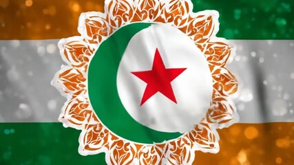 A flag-like background with a central white crescent with a red star and decorated circular overlay