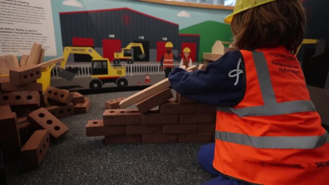 A boy in a construction suit builds structures with blocks
