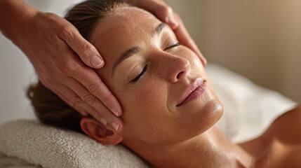 A serene woman enjoys a relaxing head massage, promoting tranquility and well-being in a soothing environment.
