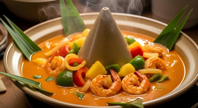Udang kari didalam piring besar di atas meja 