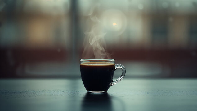 A warm cup of steaming coffee on a table, creating a cozy atmosphere