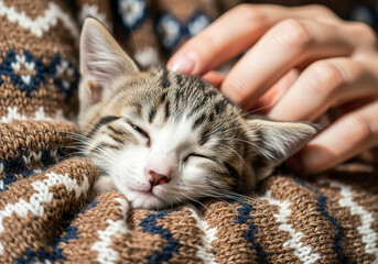 A closeup of a cute tabby kitten sleeping peacefully while being gently petted by a hand, nestled in a cozy sweater