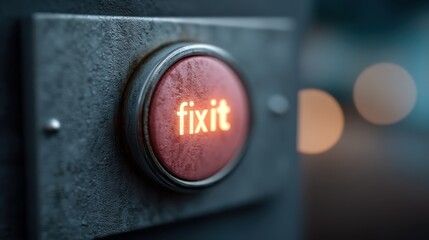 A close-up of a weathered button illuminated with the word "fixit," suggesting urgency and action in a mechanical or repair context.
