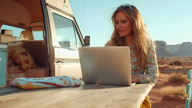 A woman in a colorful dress sits at a wooden table in front of a van, working on a laptop. The vans interior is visible, with its door open, revealing a glimpse of the outside.