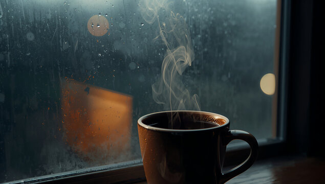 Steaming cup of coffee by the window on a rainy day, creating a cozy and comforting atmosphere