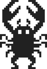 Fototapeta premium Pixelated black crab icon with raised claws, retro 8 bit isolated on white for gaming, digital, or sea animal themes