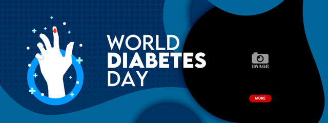 World Diabetes Day. Horizontal banner design with an illustration of blood dripping on a hand for campaign with public education advertising