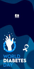 World Diabetes Day. Vertical banner design with an illustration of blood dripping on the hand for awareness of blood sugar checking activities