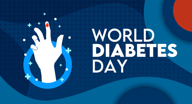 World Diabetes Day. Background design with illustration of blood dripping on hand of checking blood sugar