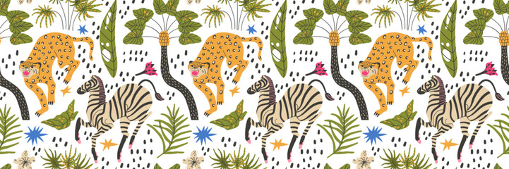 Seamless tropical textile with leopard zebra and exotic palm pattern.