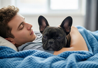 A young man sleeping in bed with his french bulldog resting on his chest, a closeup shot