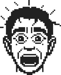 Obraz premium Shocked man pixel art icon surprised male face, wide eyes, open mouth, retro black and white digital character, emotional expression
