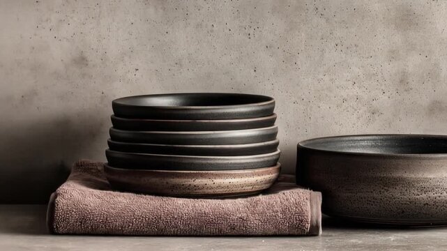 A still-life captures stacked plates atop a cloth next to a bowl, set before a textured background